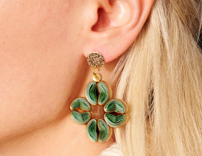 Floral Solitaire Earrings, emerald on model