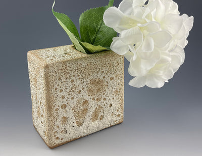 Square Vase, white lava, with flower
